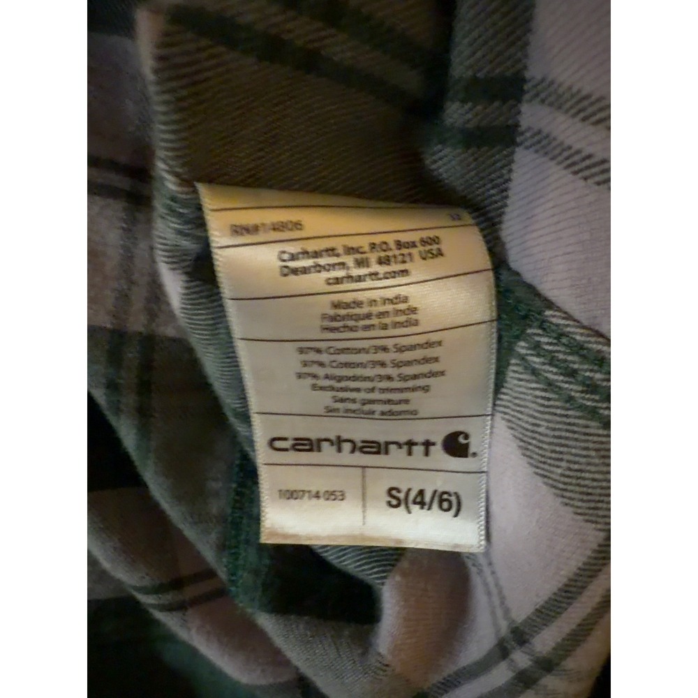 Carhartt Women's S 4/6 Green Plaid Flannel Button Up Shirt Long Sleeve Cotton - Picture 5 of 7